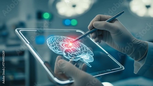 Medical professional utilizing advanced technology for brain scan analysis in surgery