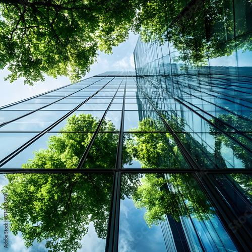 Obraz na plátne Modern glass skyscraper reflecting lush green trees and blue sky