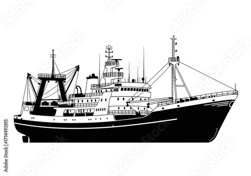 Highly detailed black and white vector illustration of a large commercial deep-sea fishing vessel, a modern trawler boat graphic.