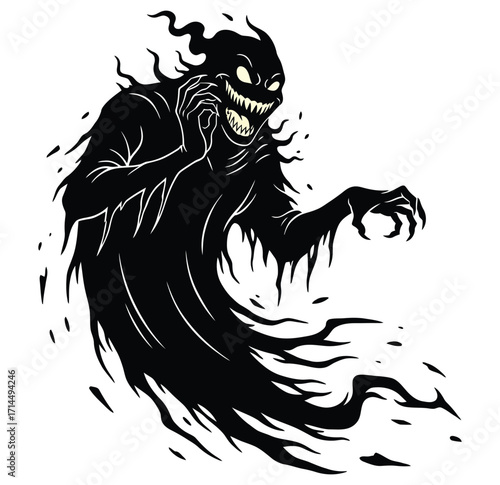 Black ghost with sharp teeth and glowing eyes reaching out monster spooky