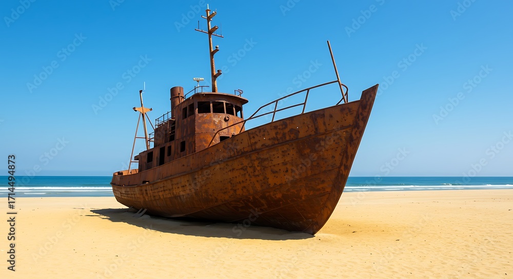 Fototapeta premium Rusty shipwreck stranded on a sandy beach under a clear blue sky
