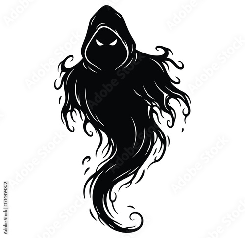 Black hooded figure with glowing eyes and wispy smoke-like tendrils ghost spirit