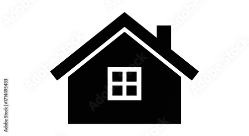Black silhouette house icon with a roof, chimney, and window on a white background. Simple home graphic for real estate.