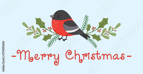 Merry Christmas horizontal banner with cute bullfinch and greenery. Greeting card with winter bird