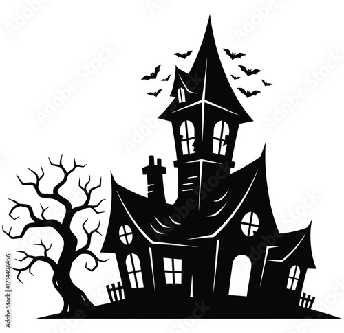 Black silhouette haunted house with bats and bare tree on white background halloween