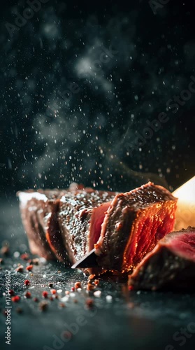 Slicing succulent steak with precision in a dimly lit kitchen
