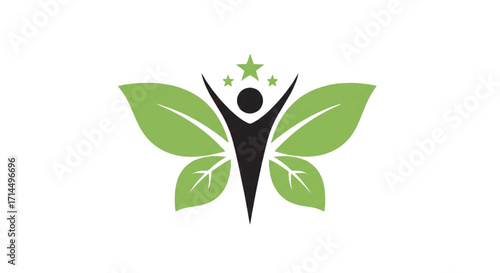 Vibrant green leaf butterfly wings human figure logo with three stars. A modern symbol of natural health, wellness, growth, and success.