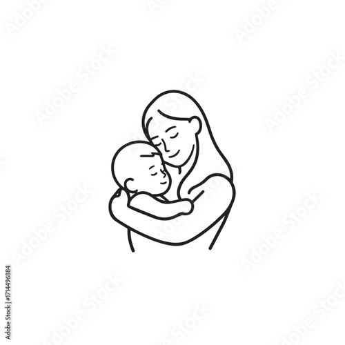 Black and white line art of a beautiful mother lovingly embracing her baby minimalist tender illustration