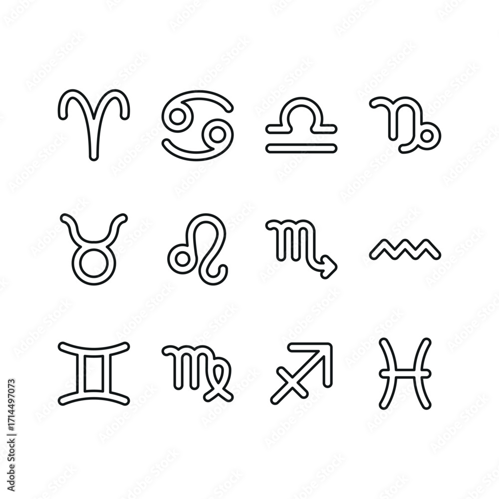 Fototapeta premium Zodiac sign icon set in line style for horoscope, birth chart, and constellation visuals.