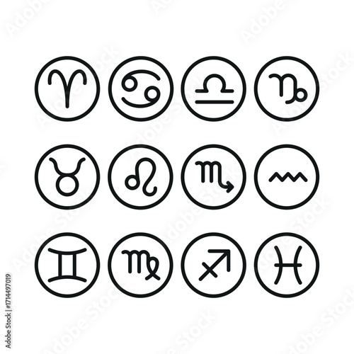 Zodiac sign icon set in line style for horoscope, birth chart, and constellation visuals.