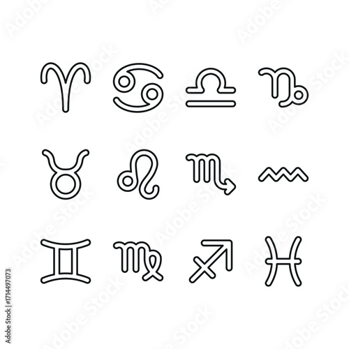 Zodiac sign icon set in line style for horoscope, birth chart, and constellation visuals.