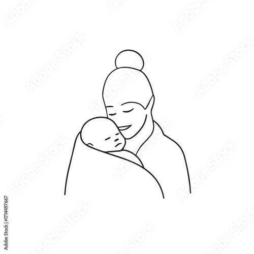Black and white line art of a beautiful mother lovingly embracing her baby minimalist tender illustration