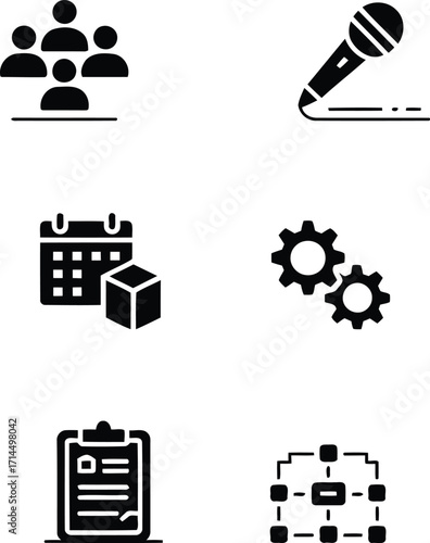 Collection of Business Management Icons Depicting Teamwork, Planning, and Operations for Increased Productivity and Organizational Success in Company Growth