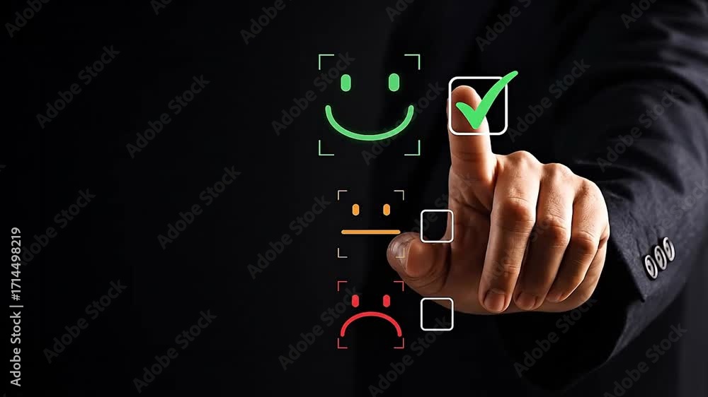 Hand choosing happy face emoji on virtual screen for customer satisfaction survey, excellent service, positive feedback