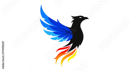 Black Phoenix with Vibrant Blue Wings and Fiery Tail Rising Isolated on White Background Modern Digital Art