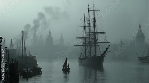 Foggy English port with wooden warships in 1800s