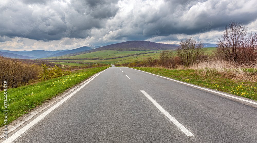 Fototapeta premium asphalt. Panoramic view of an empty road under cloudy skies, capturing a serene and open landscape. travel magazines, destination branding, designed for outdoor magazines and nature guides.