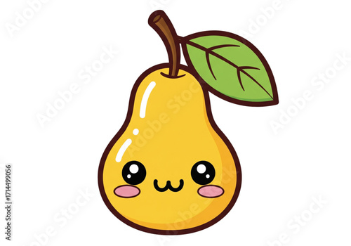 Adorable kawaii yellow pear cartoon illustration with a happy smiling face, big black eyes, pink cheeks, brown stem, and green leaf graphic.