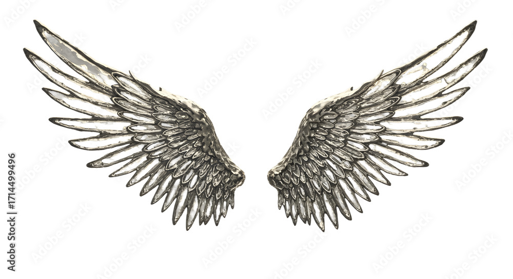 Obraz premium Elegant Silver Angel Wings with Glowing Edges on Neutral Background png clear alpha channel cutout isolated on transparent background