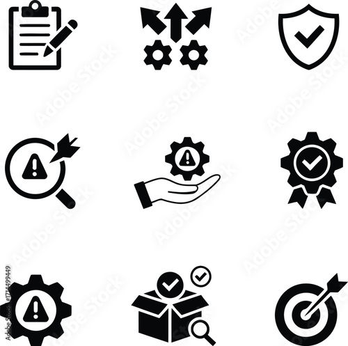Assortment of Quality Control and Business Process Improvement Icons Emphasizing Compliance Assessment Risk Management and Operational Excellence for Enhanced Efficiency and Reliability