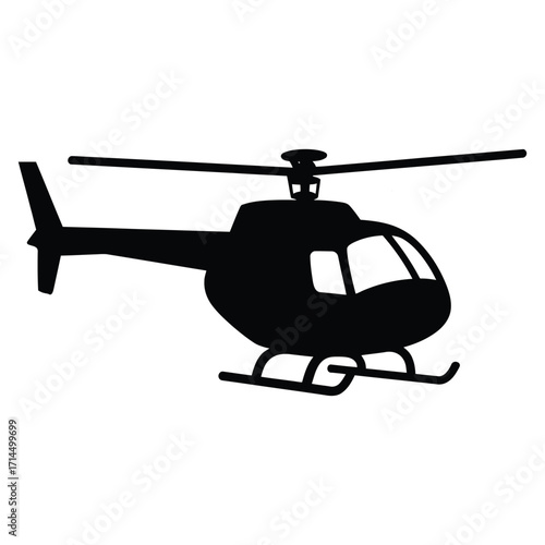 Silhouette of a small civilian helicopter in flight with landing skids visible