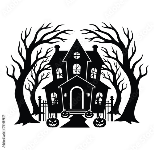 Black silhouette of a haunted house with spooky trees and jack-o-lanterns halloween