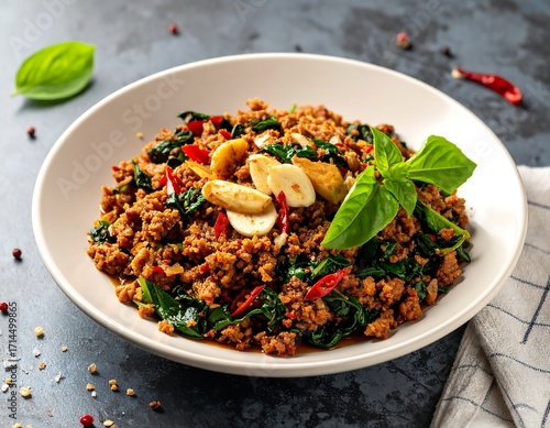 Ground meat stir-fry with herbs on a plate