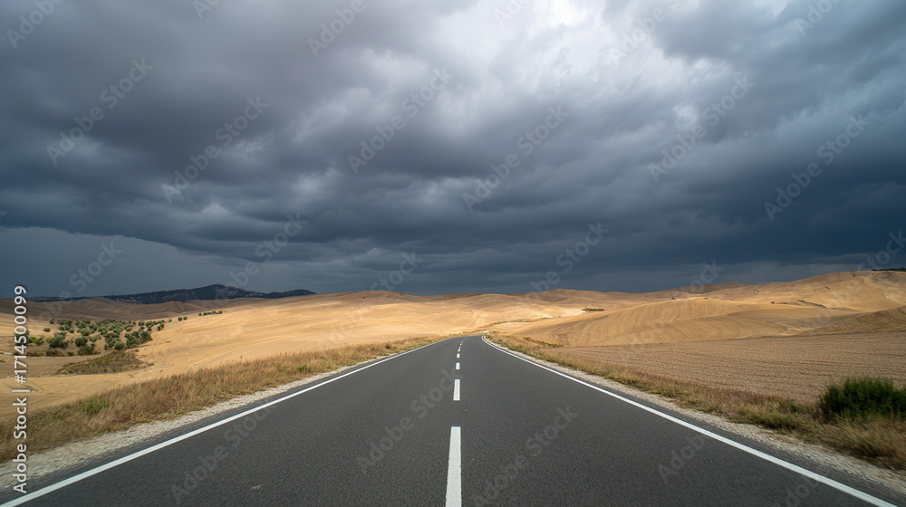 Naklejka premium asphalt. Panoramic view of an empty road under cloudy skies, capturing a serene and open landscape. travel magazines, destination branding, designed for outdoor magazines and nature guides.