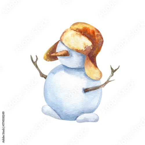 Snowman in hat with earflaps. Winter snow man character with carrot and sticks. Hand drawn clip art isolated from background. New Year, Christmas card, holiday decoration, frozen product packaging
