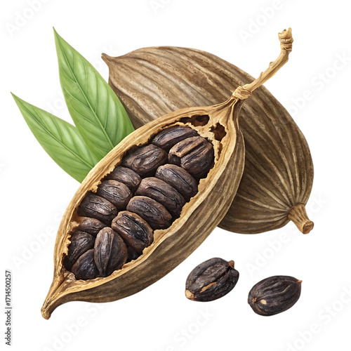 Detailed illustration of open and closed black cardamom pods with loose seeds and green leaves isolated on transparent background