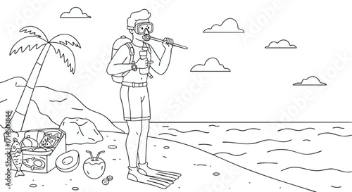 Diver on a Beach A Black and White Illustration of Ocean Exploration