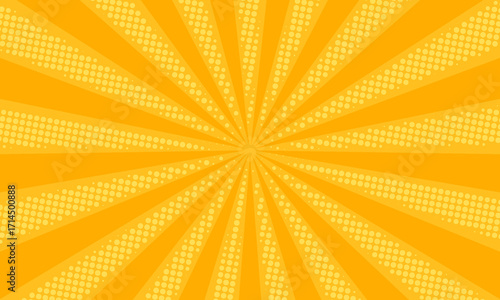 Retro orange sun rays on yellow halftone pattern background. Dotted or noise texture. Bright pixel art comic and pop-up design. Vector wall for poster, banner, advertising.