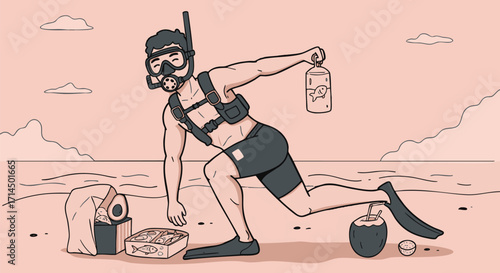 A male tourist with snorkeling gear enjoys a beach picnic, preparing to eat and drink by the ocean after a refreshing dive, illustrating a perfect tropical getaway