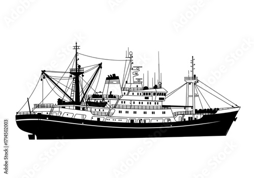 Black and white illustration of a large commercial fishing trawler vessel in profile, an industrial deep-sea fishing boat graphic.