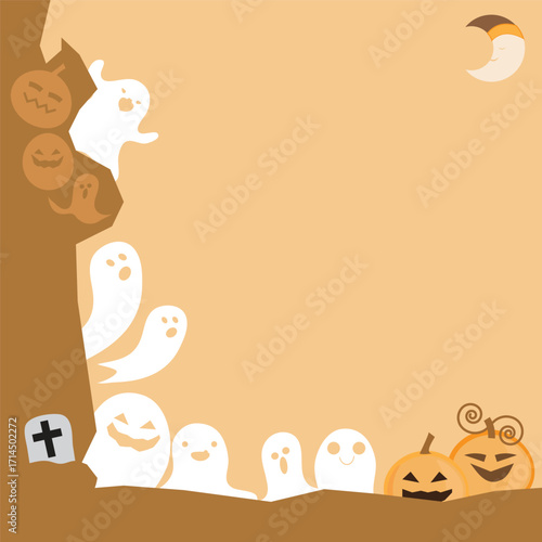 Halloween background with cute ghosts and pumpkins