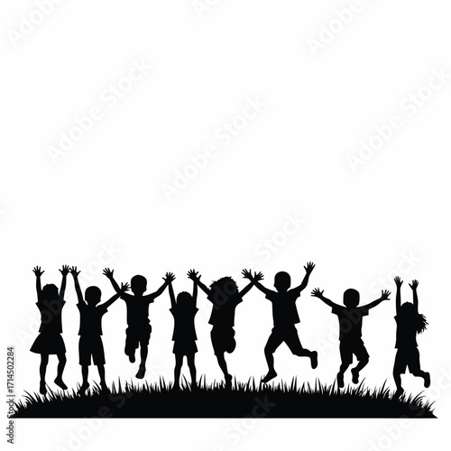 Black silhouette of children jumping in grass kids