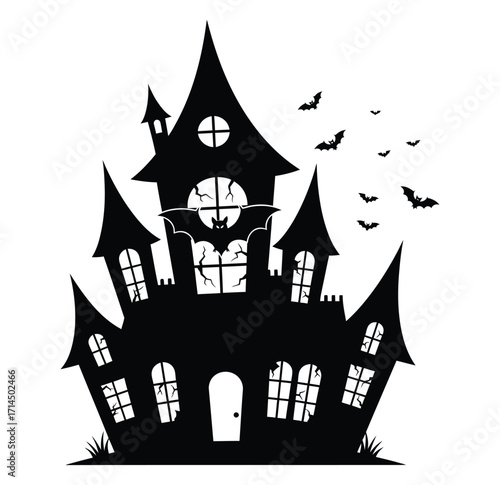Black silhouette of a spooky haunted house with bats flying around on white background halloween