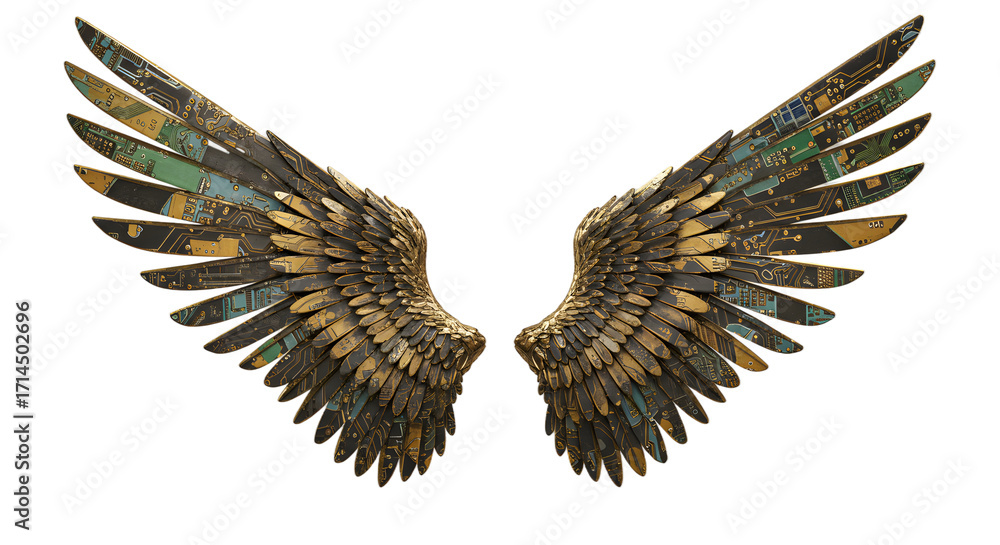 Obraz premium Futuristic Wings Made of Circuit Boards and Gold png clear alpha channel cutout isolated on transparent background