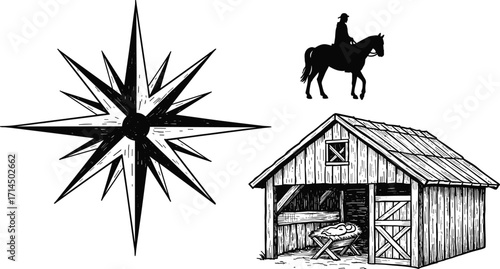 compass rose, horse rider, nativity scene, barn, manger, Christmas, travel, journey, religion, icon, vector, black, white, design, art, symbol, navigation, festive, silhouette, holiday