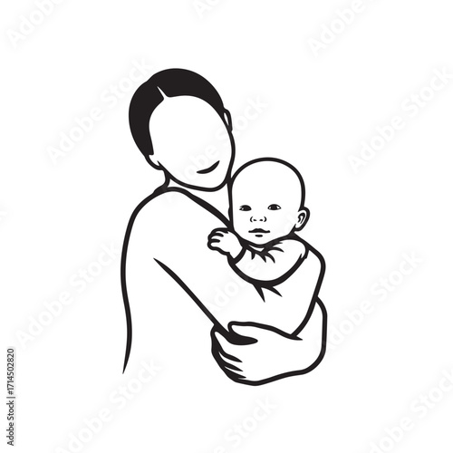 Black and white line art of a beautiful mother lovingly embracing her baby minimalist tender illustration