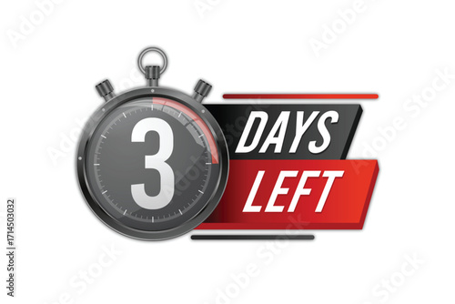 3 Days left vector. 3 Days to go red and black Countdown timer design. Stopwatch Time