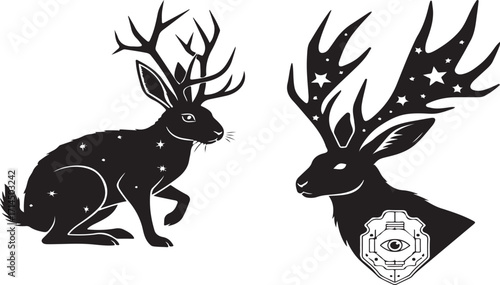 Black Silhouette Jackalope Illustrations with Antlers, Stars, and Mystical Eye Symbol