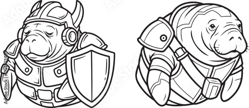 Manatee Warriors in Fantasy Armor Line Art Drawing