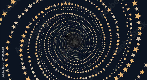 Golden spiral of stars forming a cosmic vortex on a dark background, symbolizing infinity, motion, and abstract universe design.
