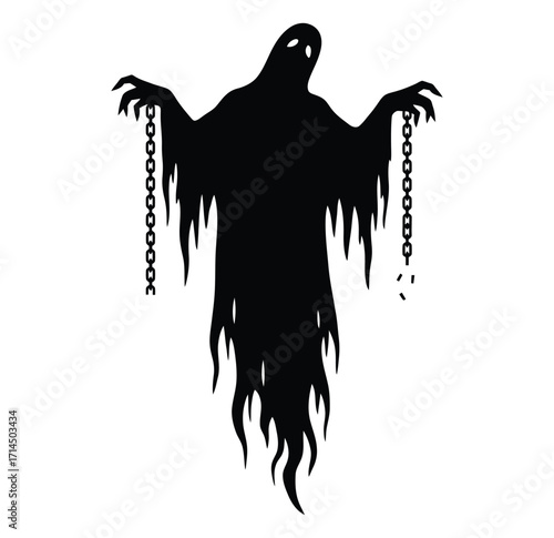 Black silhouette of a tattered ghost with chains on white background vector