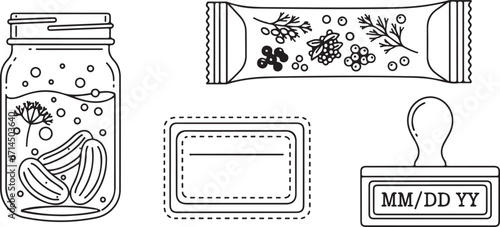 Collection of Hand-Drawn Food Preservation, Packaging, and Labeling Elements