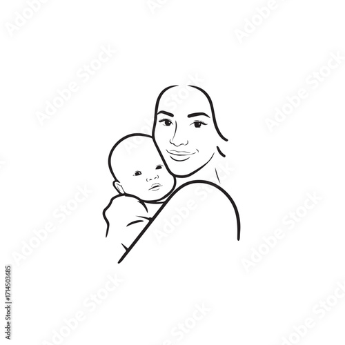 Black and white line art of a beautiful mother lovingly embracing her baby minimalist tender illustration
