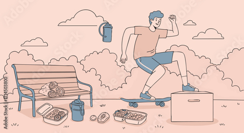 Energetic young man enjoys skateboarding outdoors on a sunny day, surrounded by nature and picnic items, promoting a healthy lifestyle