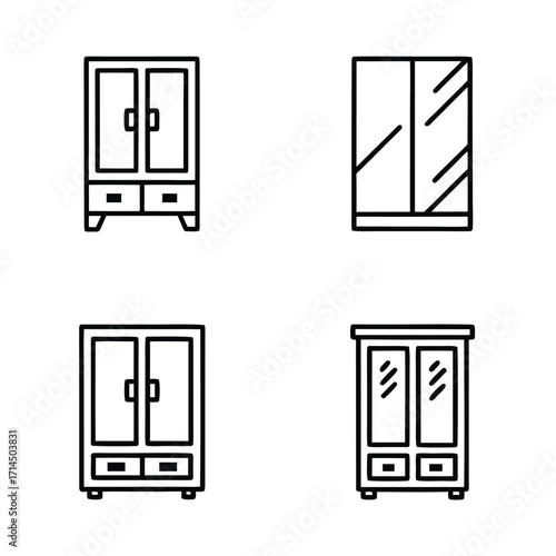 Four simple line art icons of wardrobes with doors and drawers closet furniture