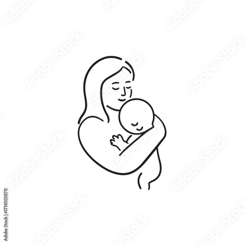 Black and white line art of a beautiful mother lovingly embracing her baby minimalist tender illustration